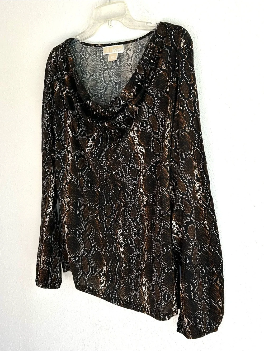 MICHAEL Michael Kors Snake Print Blouse Women's Size 2X Brown Black Draped Neck
